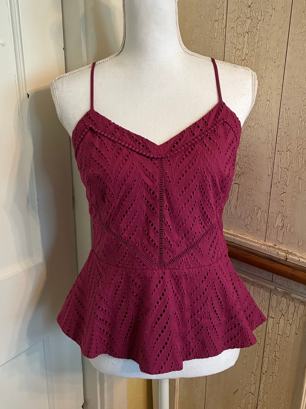 White House Black Market Berry Eyelet Peplum Top